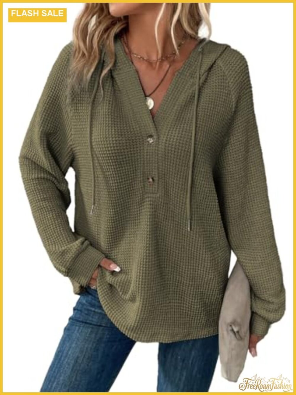 Waffle Knit Hoodie Button V Neck Oversized Pullover Sweatshirt
